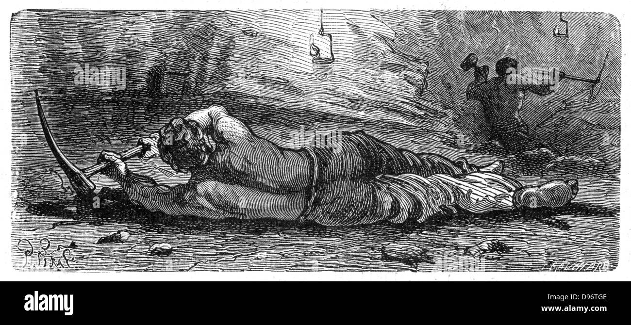 Bergmann in einem schmalen Saum heraus durchlöchern arbeiten oder cuffling "Kohle mit einem Pick. Holzstich von L Simonin bin Ines und Bergarbeiter, London, c 1868. Stockfoto
