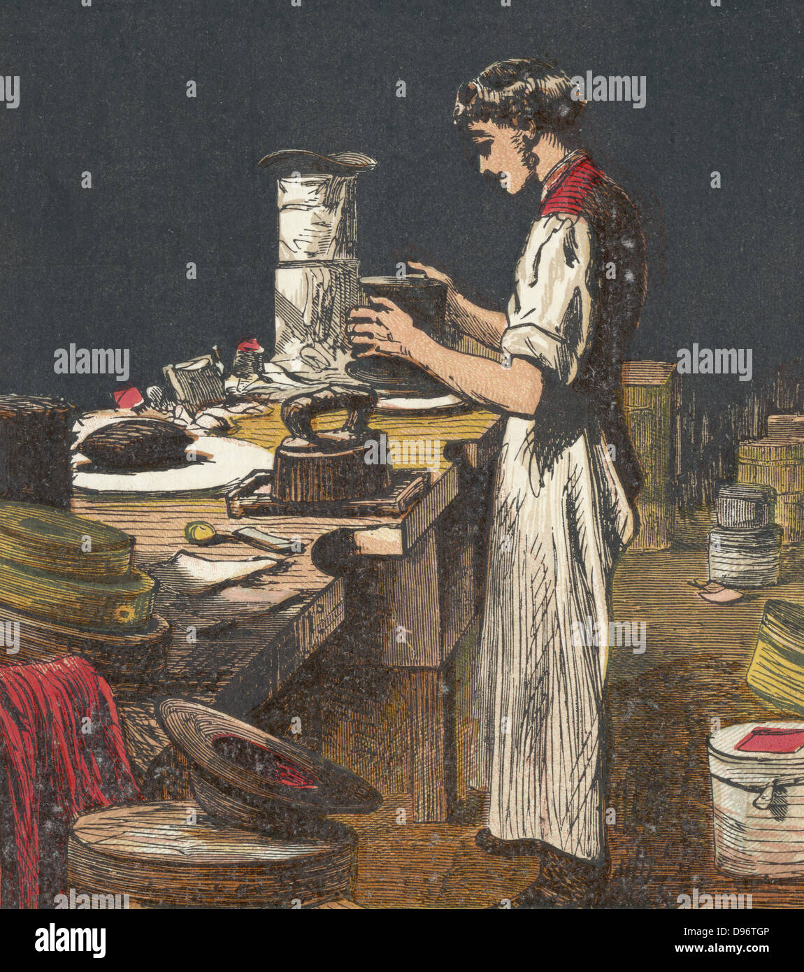 Seide Hüte. Hutmacher ist schwarzen Seide auf Hut Rahmen setzen. Im Zentrum Hintergrund sind zwei fertige Spitze Hüte in Silberpapier zum Schutz abgedeckt. Farblitho von einem englischen Kinderbuch veröffentlicht 1867. Stockfoto