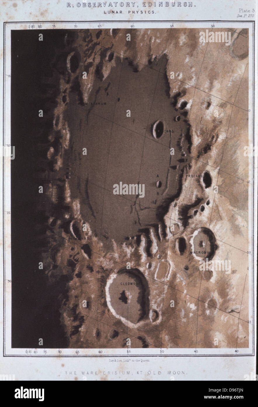 Mondoberfläche, 1857. Oberfläche des Mondes in der Region des Mare Crisium an der alten Mond. Von "astronomische Beobachtungen am Royal Observatory, Edinburgh". (Edinburgh, 1857). Stockfoto