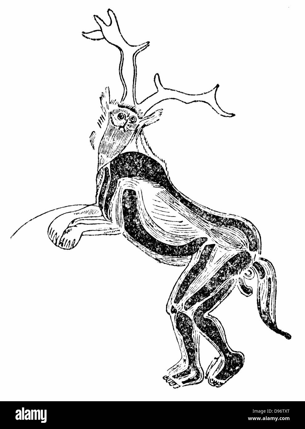 Der Zauberer (oder Medizinmann): Wall Gravur in Trois Freres Höhle in der Nähe von St. Girons, Ariège, Frankreich. Er ist dargestellt tragen Hörner von Hirsch, Ohren der Wolf, und Eule Maske, ein Bär Vorderläufe und einen Pferdeschwanz. Gravur. Stockfoto