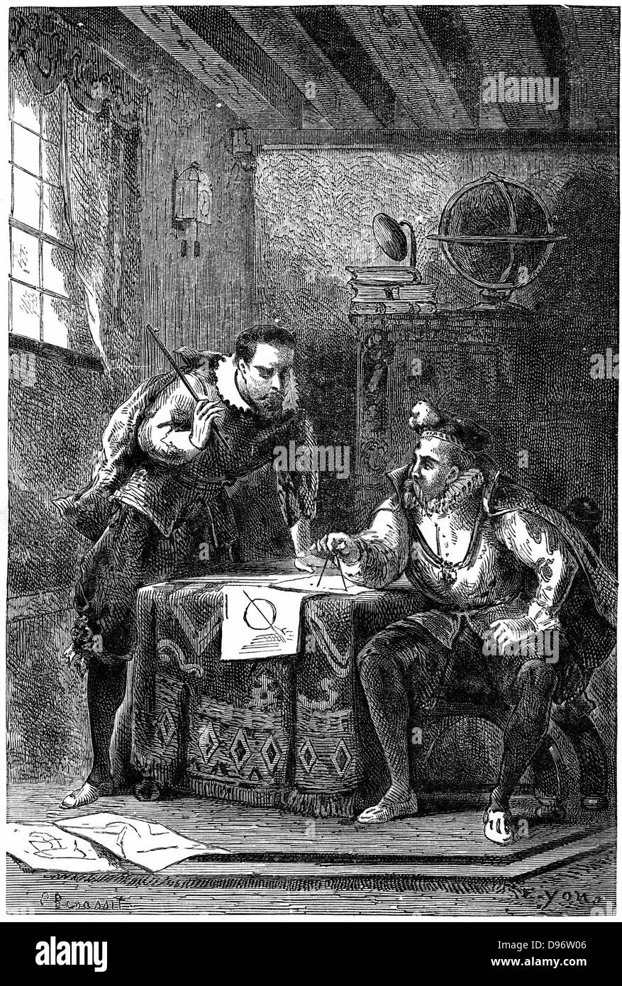 Deutschen Astronomen Johannes Kepler (1571-1630), links, mit dänischen Astronomen Tycho Brahe (1564-1601) bei der Arbeit im Benatky Observatorium in der Nähe von Prag während in den Diensten des Kaisers Rudolf II. Stockfoto