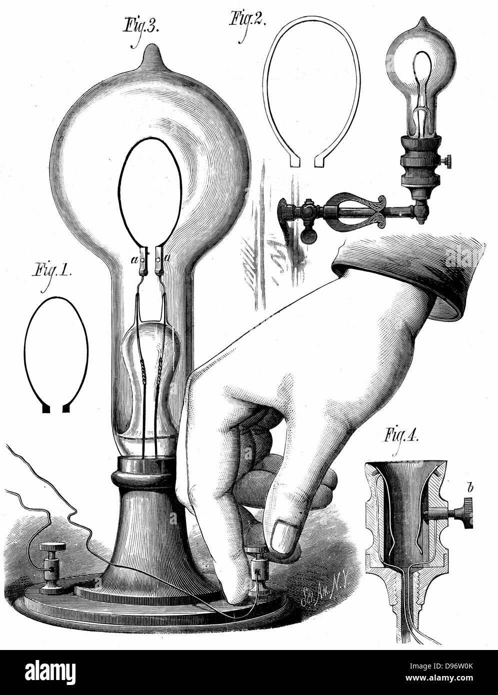 Thomas Edisons Glühlampe Kohlenstoff. Aus "Der Scientific American", New York, 10. Januar 1880 Stockfoto