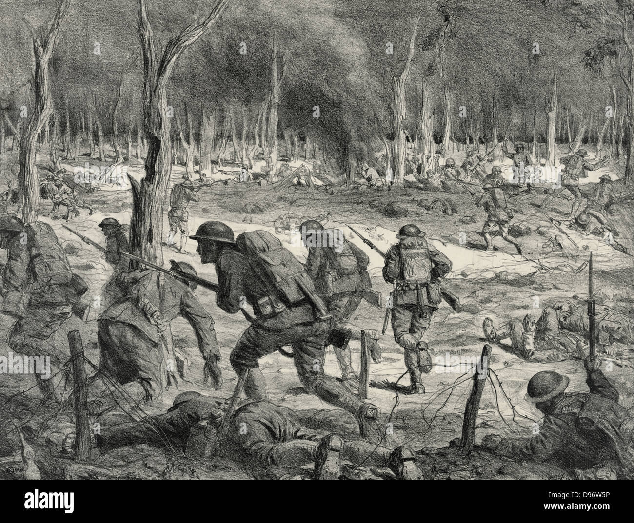 Ein Infanterie-Angriff in Wäldern am Argonne Front-Soldaten laufen während einer Schlacht im ersten Weltkrieg. Stockfoto