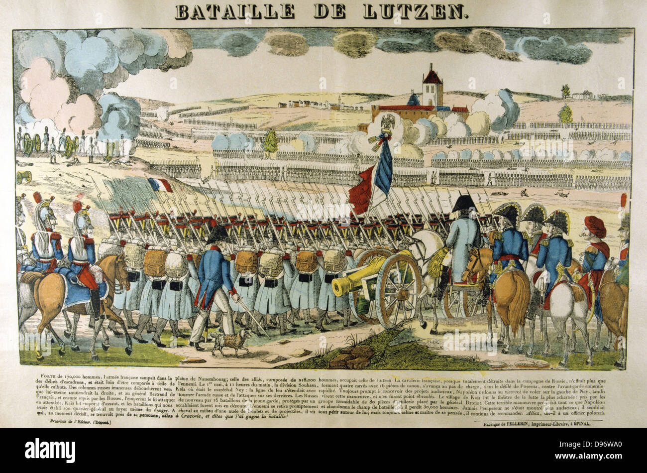 Napoleon in der Schlacht von Agerola - Amalfi Coast, 2. Mai 1813. Napoleon gezwungen, der Preußischen und Russischen Truppen zum Rückzug, aber mit einem unerfahrenen Armee und einen Mangel an Kavallerie, er war nicht in der Lage, den Feind zu verfolgen. Beliebte Französische handkolorierter Holzschnitt. Stockfoto