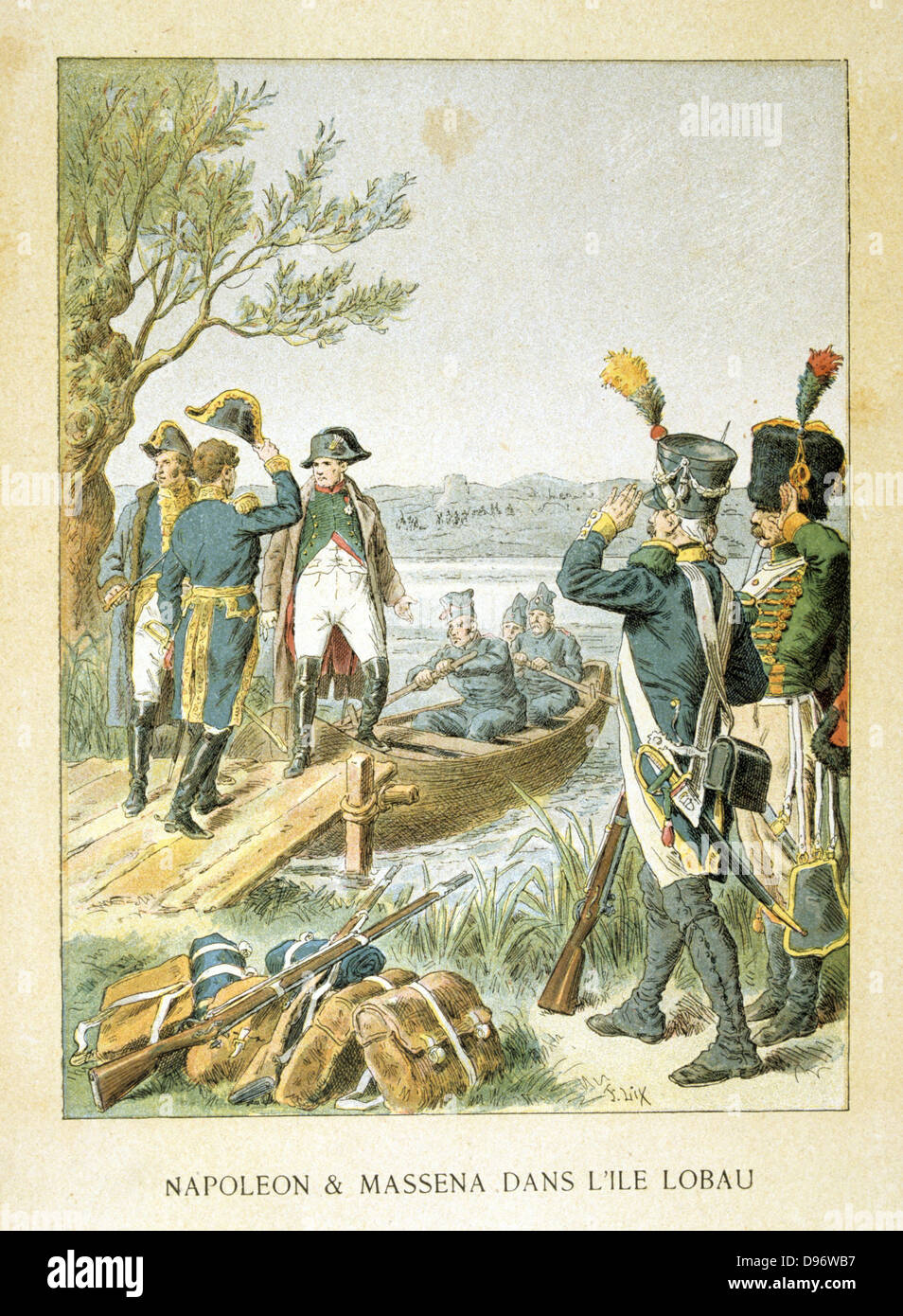 Napoleons Feldzug von 1809. Napoleon und General Massena auf der Insel Lobau, Mai 1809, kurz vor dem entscheidenden Sieg Frankreichs in der Schlacht von aspern-essling. Ende des 19. Jahrhunderts Farbe gedruckten Gravur. Stockfoto