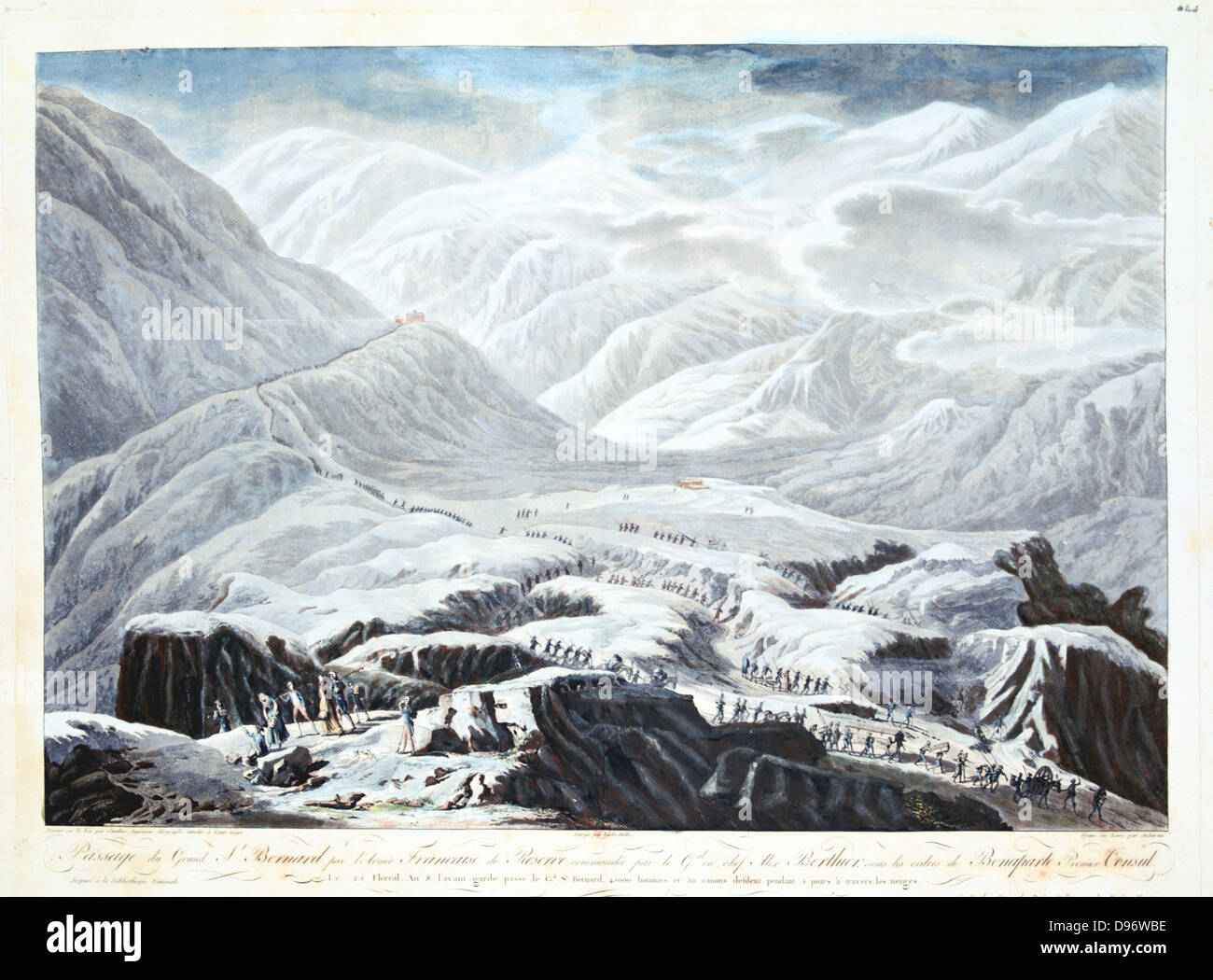 Der Reserve der französischen Armee unter Napoleon Bonaparte Kreuzung Alpe durch die St.-Bernhard-Pass. Frühjahr 1800. Lithographie. Stockfoto