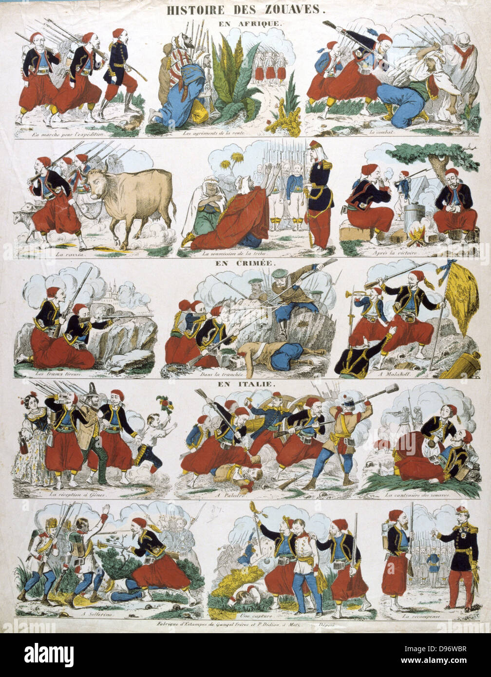 Geschichte der Zouaven, Französische Infanterie-Regimenter in Algerien zum ersten Mal im Jahre 1831 angesprochen. Beliebte französische handkolorierten Holzschnitt. Stockfoto