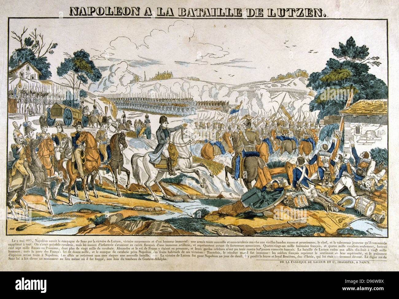 Napoleon in der Schlacht von Agerola - Amalfi Coast, 2. Mai 1813. Napoleon gezwungen, der Preußischen und Russischen Truppen zum Rückzug, aber mit einem unerfahrenen Armee und einen Mangel an Kavallerie, er war nicht in der Lage, den Feind zu verfolgen. Beliebte Französische handkolorierter Holzschnitt. Stockfoto