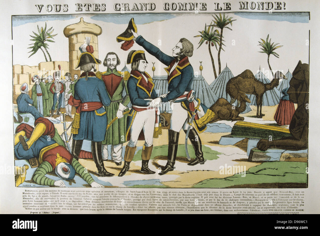 Schlacht bei den Pyramiden auch Schlacht von Embabeh, 21. Juli 1798. Französische Armee in Ägypten unter Napoleon siegreich gegen die Mameluken. Napoleon und Allgemeine Kleber gratulieren einander nach ihrem Sieg. Beliebte Französische handkolorierter Holzschnitt. Stockfoto