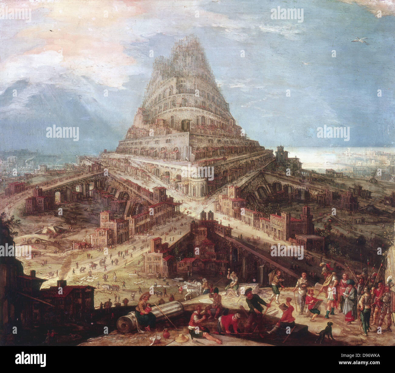 Bau des Turms von Babel ". Flämische Künstler Hendrick van Cleve (1525-1589). Stockfoto