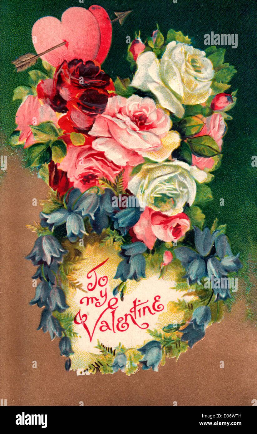 Zu My Valentine - Vintage-Karte mit Blumen und Herzen Stockfoto
