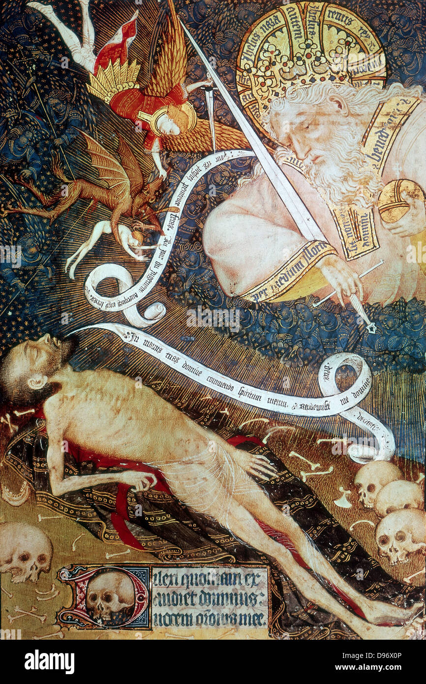 Tod vor Gott der Richter" (1418-1425). Links oben, den Erzengel Michael, ist Luzifer aus dem Himmel. Manuskript. Meister der Stunden von Rohan. Stockfoto