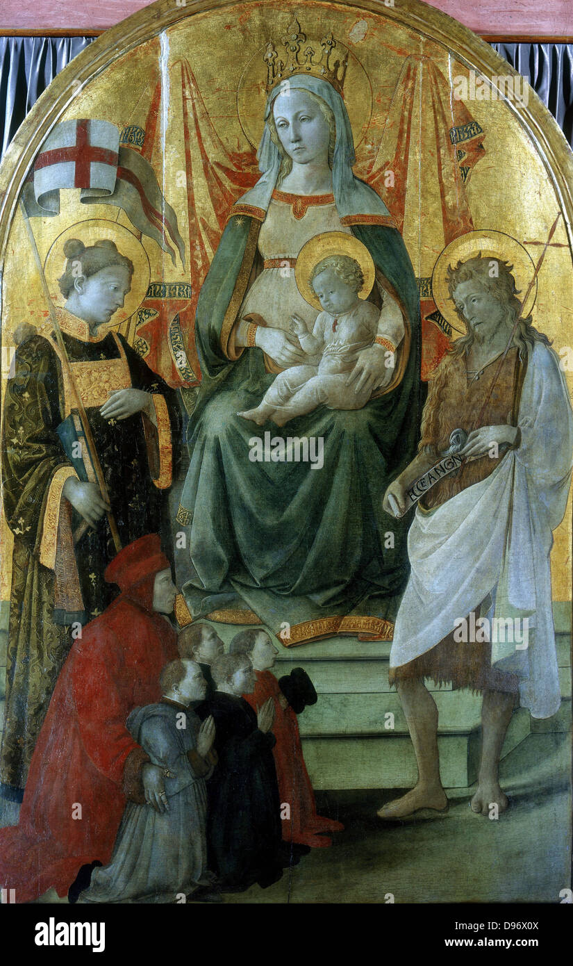 Madonna del Ceppo". Jungfrau und Kind inthronisiert, die der hl. Johannes der Täufer und ein anderer Heiliger, mit Spender und Familie kniend flankiert. Fra Filippp Lippi (c 1406-1469) italienischer Maler. Stockfoto