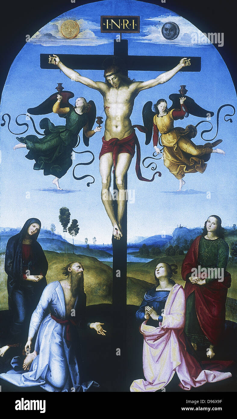 Der Mond Kreuzigung (Der gekreuzigte Christus mit der Jungfrau Maria, der Heiligen und Engel) c 1503. Raphael (1483-1520) Raffaello Santi, italienischer Maler. Öl auf Pappelholz. Stockfoto