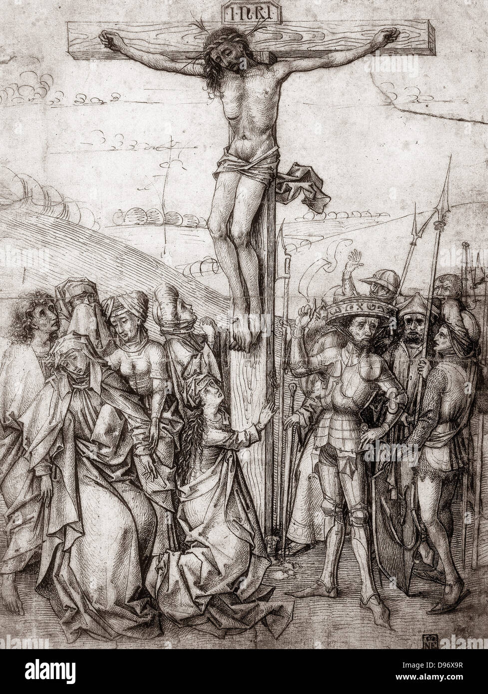Christus am Kreuz. Meister von Nürnberg, c1480. Feder und Sepia-Tinte. Zeichnung. Stockfoto