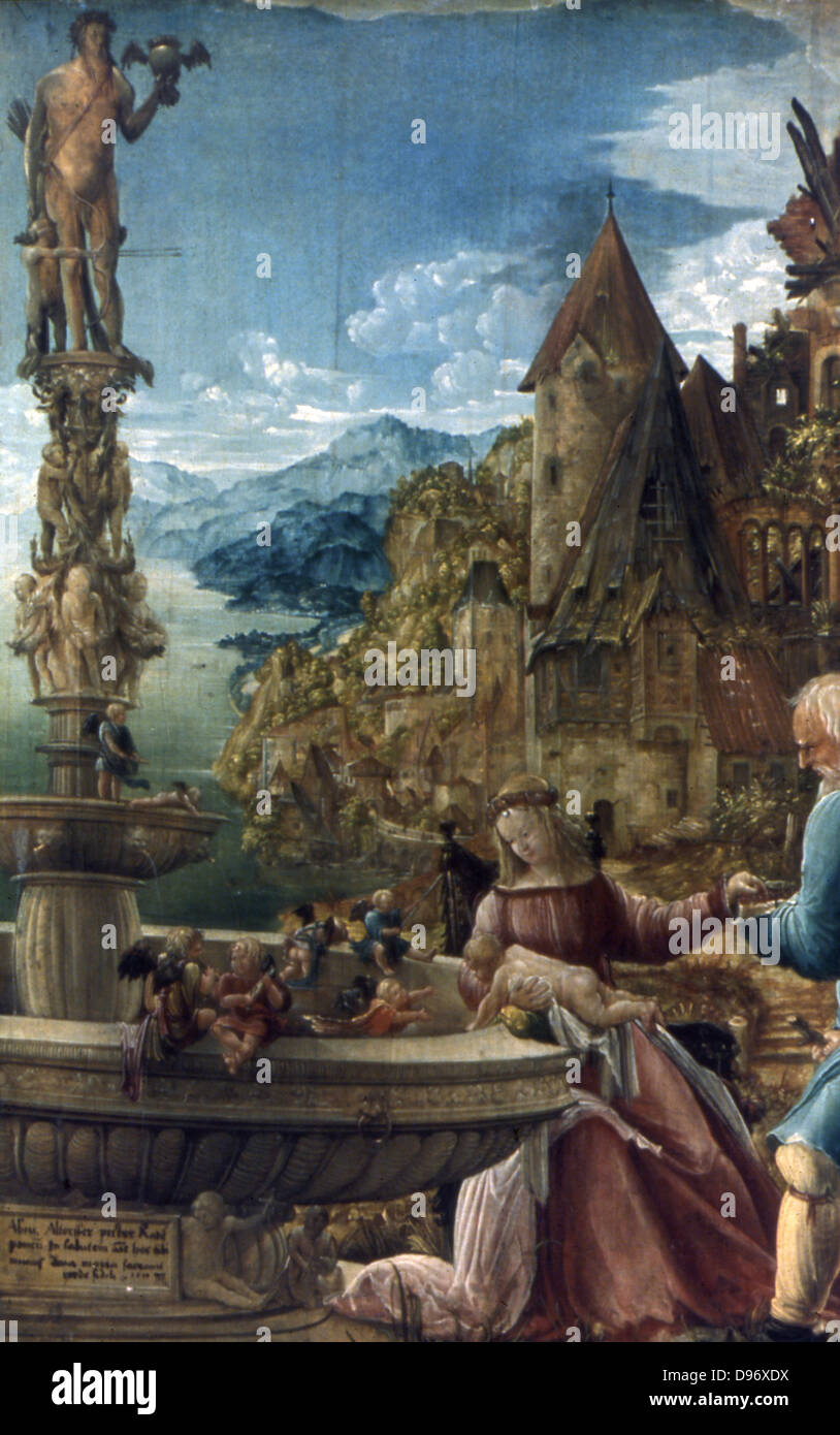 Die Ruhe auf der Flucht nach Ägypten (1510). Die Heilige Familie bei einer gut. Albrecht Altdorfer (1480-1538), deutscher Maler, Kupferstecher und Architekt: Donau Schule. Öl auf Leinwand. Stockfoto