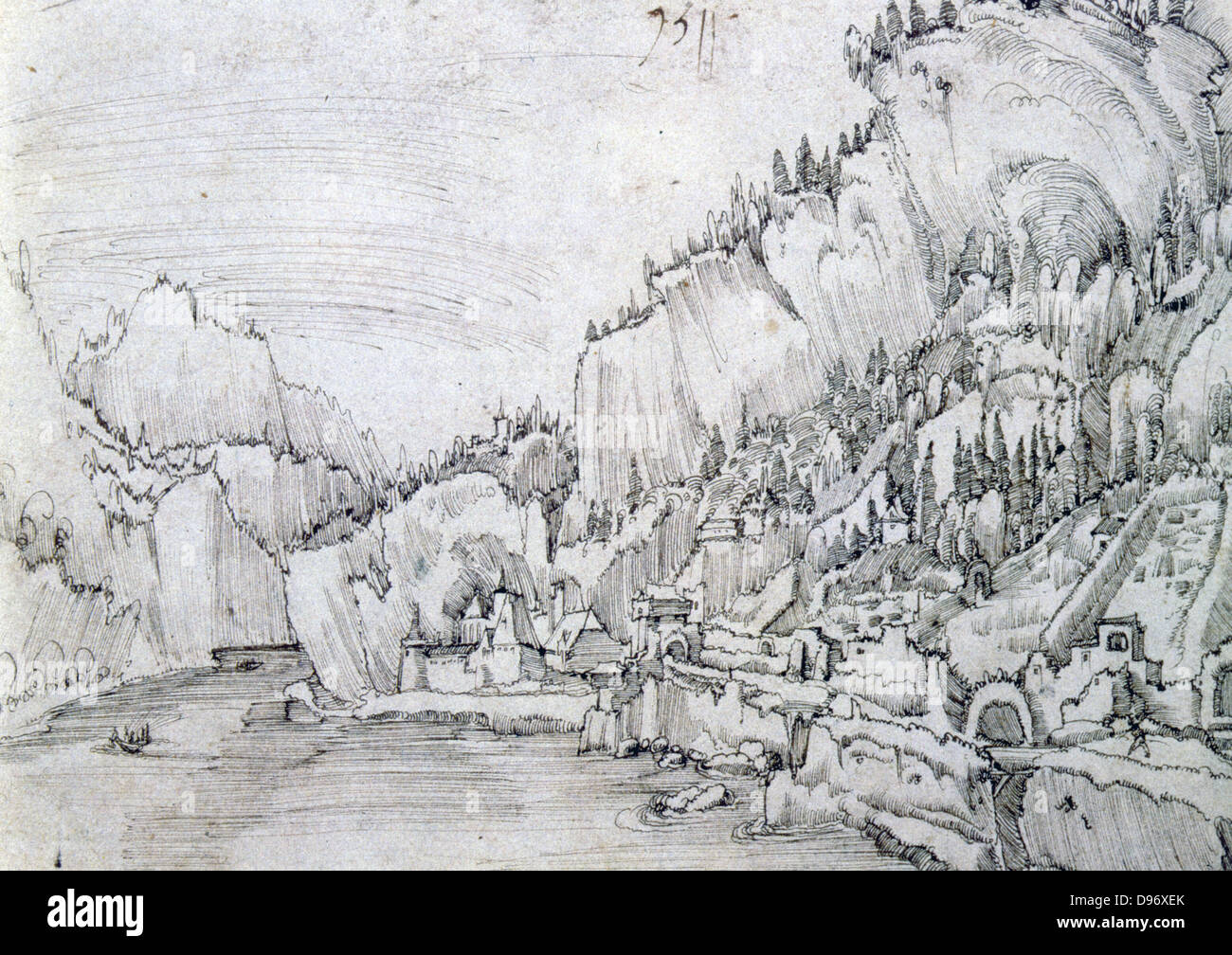 Sarmigstein auf der Donau ". Albrecht Altdorfer (1480-1538) deutscher Maler, Engraverand Architekt: Donauschule. Stift und grau Stockfoto