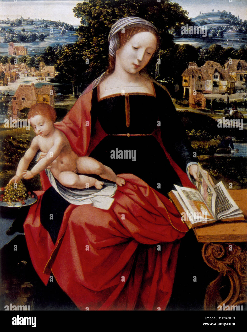 Jungfrau und Kind Jesus auf dem Schoß von Maria lehnt sich Trauben von Gericht zu nehmen, während Mary an der beleuchteten devotional Buch aussieht. Anonym: 16. Öl auf Holz. Stockfoto