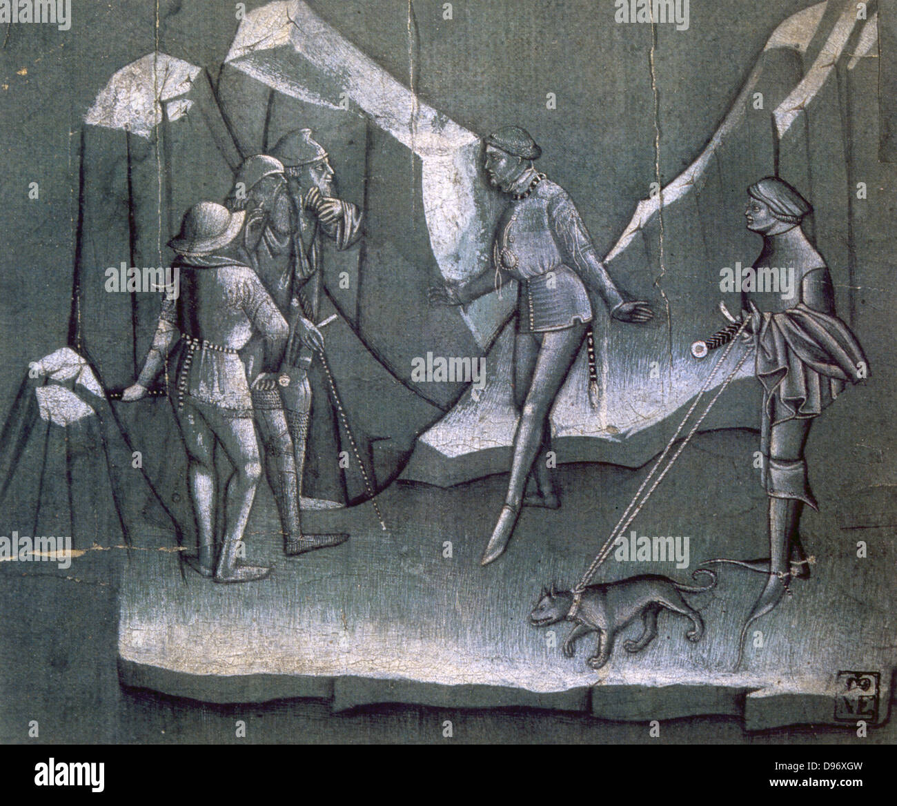 Szene aus einer Geschichte des Rittertums. Bologneser Künstler c1400. Stift und Pinsel, Bister, weißen Highlights auf farbigem Papier. Stockfoto