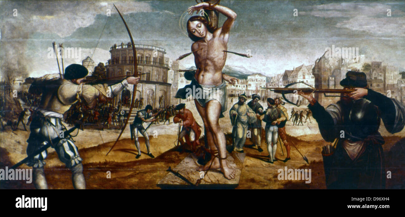 Das Martyrium des Heiligen Sebastian ". Gregorio Lopez (c1490-1550). Portugiesisch-Schule: 16. Jahrhundert. Stockfoto
