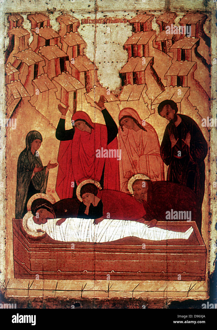 Die Grablegung: 15. Jahrhundert russische Ikone. Stockfoto