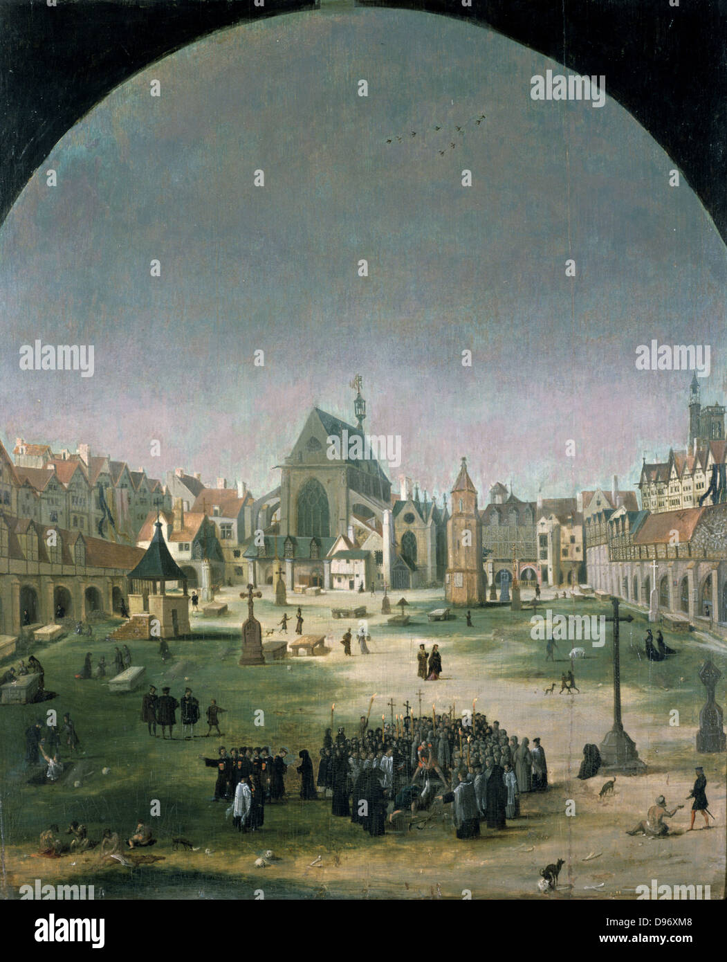 Friedhof und Kirche der Heiligen Unschuldigen. Jacob Grimmer (geb. 1525-1526, starb vor 1590) Süd niederländischer Maler. Stockfoto