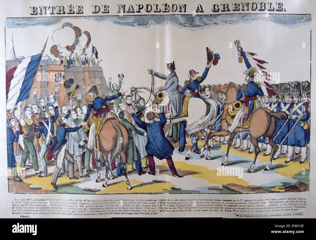 Leute gruss Napoleon I. auf seinen Eintrag in Grenoble am 7. März 1815 nach seiner Rückkehr aus dem Exil auf der Insel Elba. 19. französischen beliebten Handkolorierter Holzschnitt. Stockfoto
