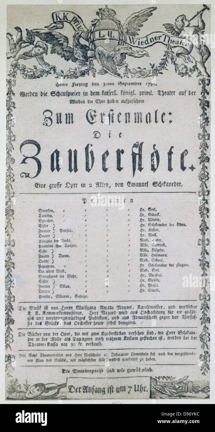 Plakat für die Oper "Die Zauberflöte" ('Die Zauberflote'), 1791. Wolfgang Amadeus Mozarts (1756-1791) letzte Oper, Libretto von Emanuel Schikaneder (1751-1812), es wurde zum ersten Mal in Wien am 30. September 1791 durchgeführt. Stockfoto