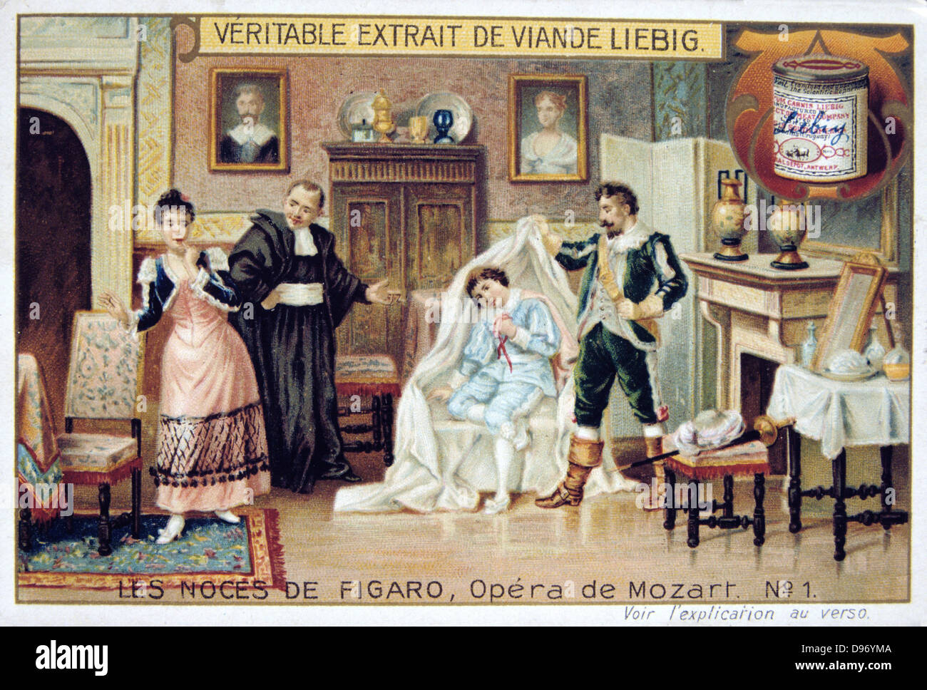 Szene aus Mozarts Oper "Die Hochzeit des Figaro" 1786 (1905). (Die Hochzeit des Figaro), komische Oper (Opera buffa) mit dem Libretto von Lorenzo Da Ponte (1749-1838) nach Beaumarchais, zuerst auf l durchgeführt Mai 1786 am Burgtheater, Wien. Graf Almaviva Aufdecken der Seite Cherubino in seinem Versteck, einem Sessel. Die anderen Zahlen sind Susanna, Magd, Gräfin Almaviva, und Don Basilio, Musiklehrer. Von "Les Noces de Figaro", einer Reihe von Handel Karten von Liebig & Co, 1905 ausgestellt. Stockfoto