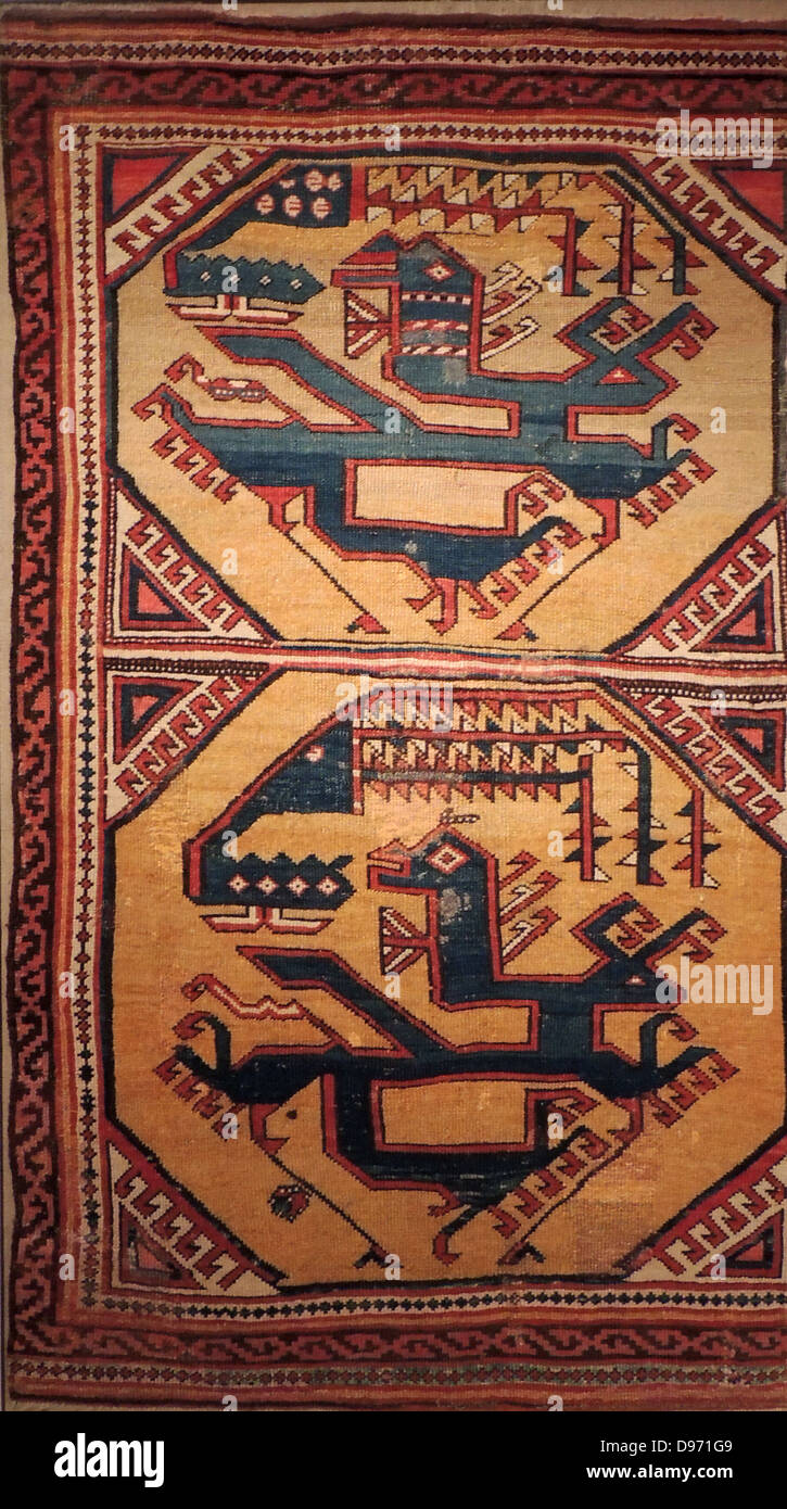 ISLAMISCHE KUNST. Museum für islamische Kunst Berlin. Drachen-Phönix Gobelin (15. Jh.), Wolle, aus der Türkei. Stockfoto