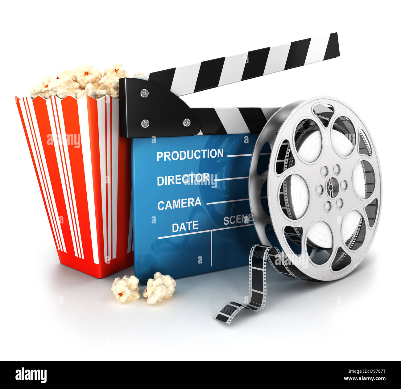 3D Kino Klappe, Film Reel und Popcorn, isoliert, weißer Hintergrund, 3d Bild Stockfoto
