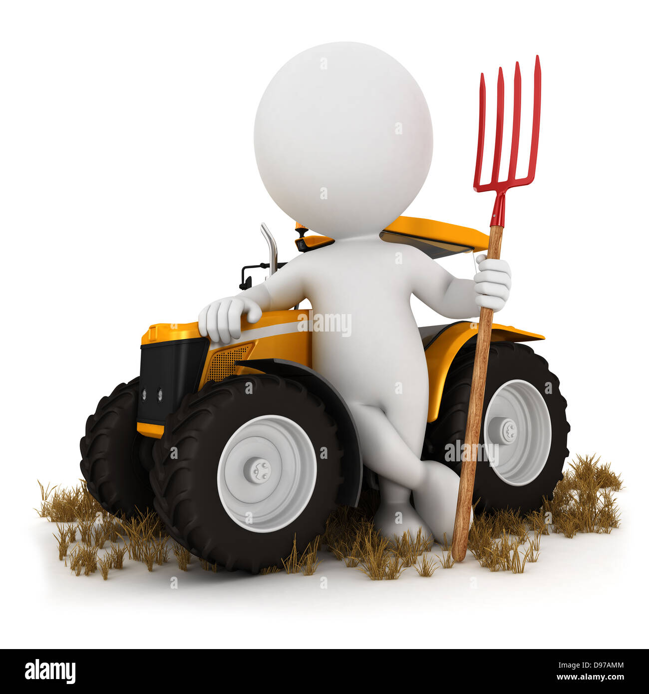 3D weiße Leute Bauer mit Traktor und eine Heugabel, isolierten weißen Hintergrund, 3d Bild Stockfoto
