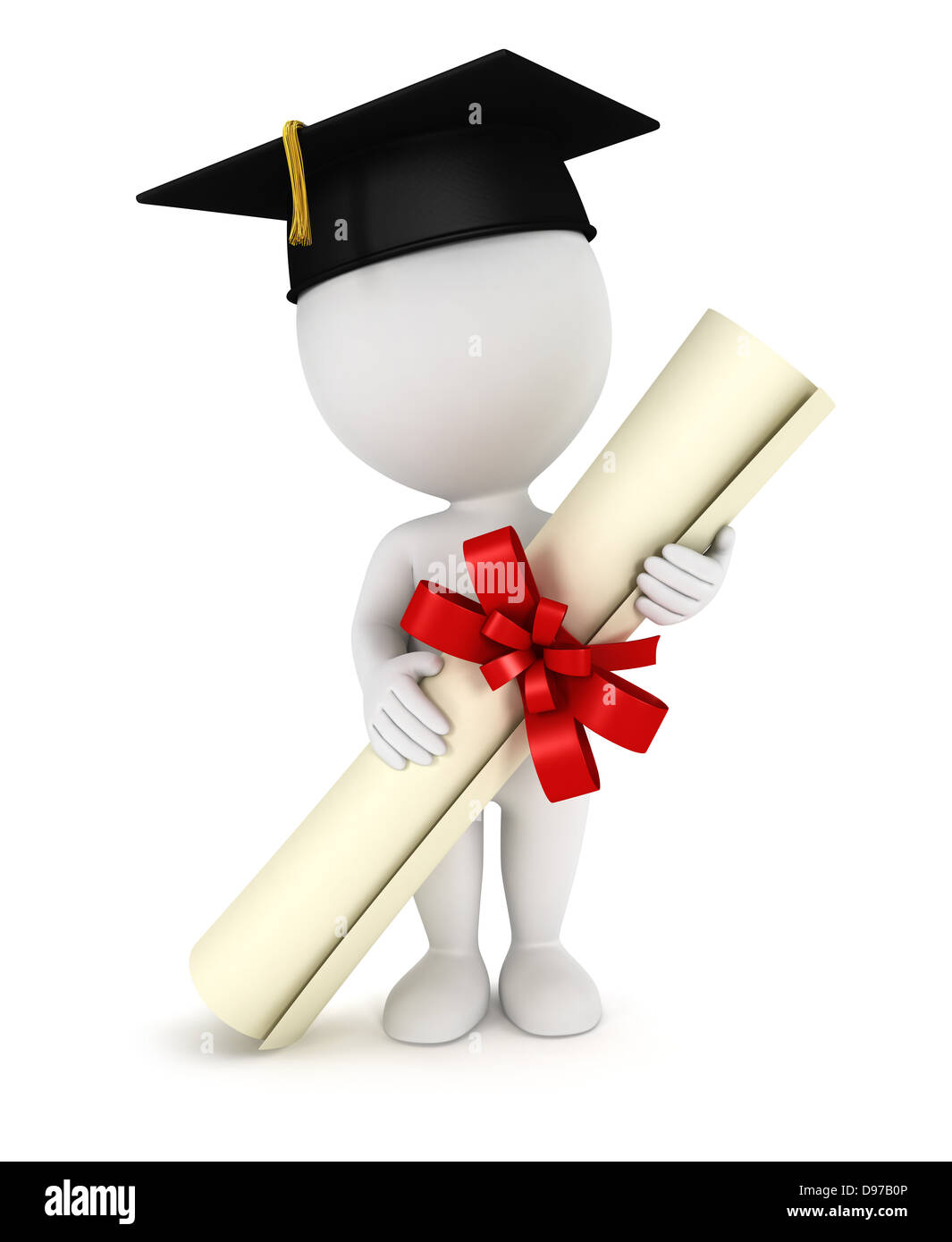 3D weiße Leute Absolvent mit einem Diplom-Zertifikat und einer schwarzen Quaste, isoliert, weißen Hintergrund, 3d Bild Stockfoto