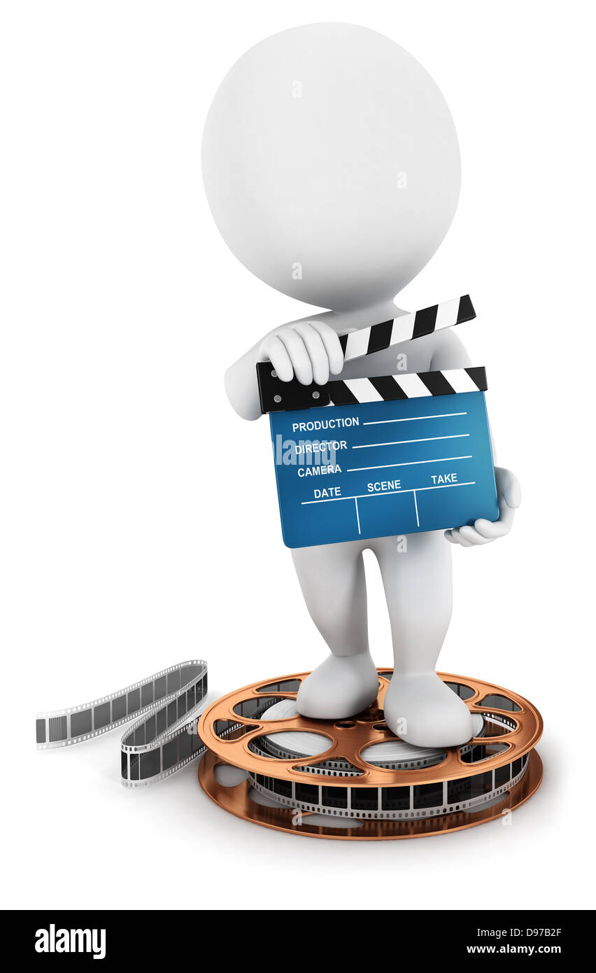3D weiße Leute halten einen Film Klöppel auf eine Filmrolle, isolierten weißen Hintergrund, 3d Bild Stockfoto