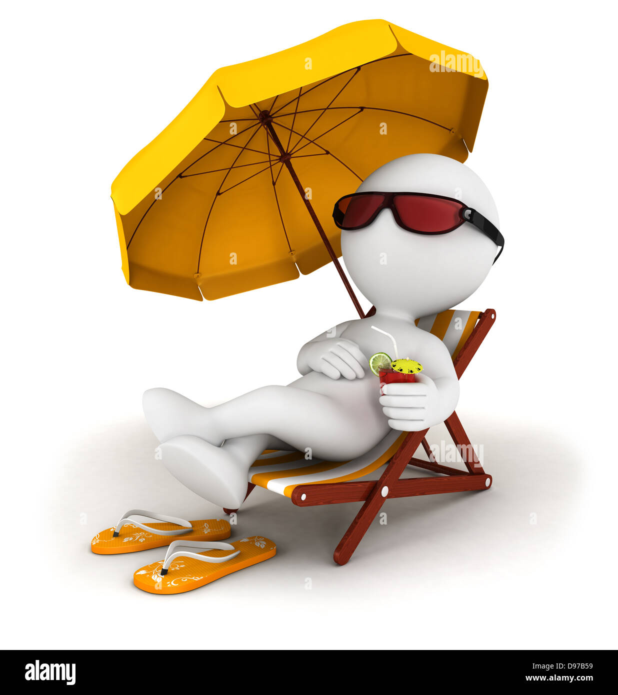 3D weiße Leute in Urlaub auf einem Liegestuhl liegend mit Cocktail und Sonnenschirm, isolierten weißen Hintergrund, 3d Bild Stockfoto