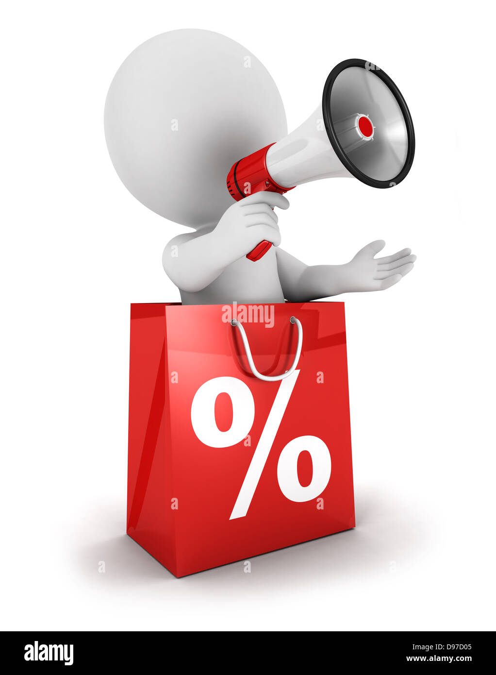 3D weiße Leute Verkauf Ankündigung mit Megaphon in Shopping Tasche, isoliert weißen Hintergrund, 3D-Bild Stockfoto