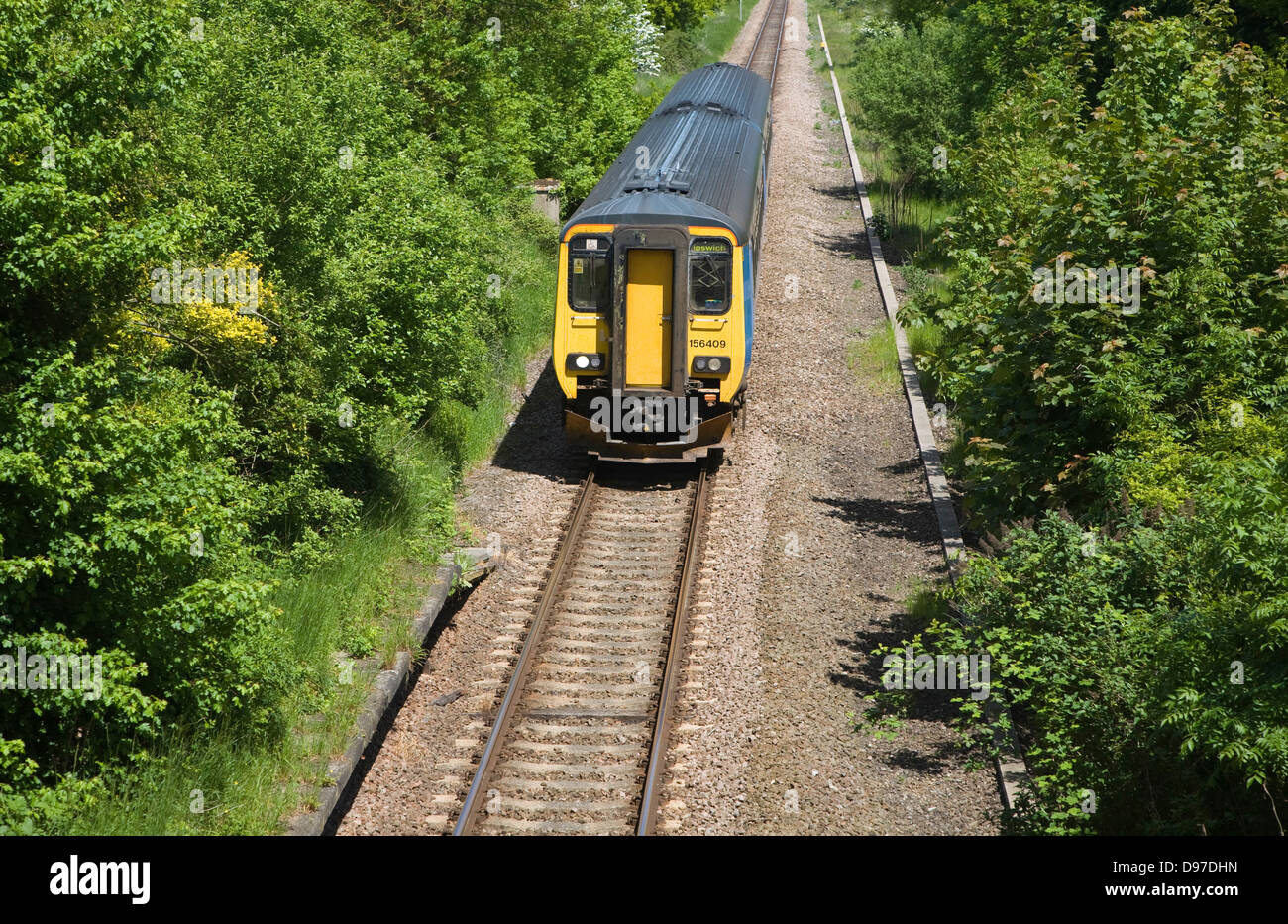 Diesel-Zug auf der East Suffolk-Bahnstrecke zwischen Lowestoft und Ipswich, Suffolk, England Stockfoto