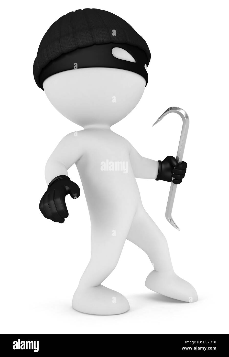 3D weiße Menschen maskierte Dieb mit einem Brecheisen und schwarze Handschuhe, isolierten weißen Hintergrund, 3d Bild Stockfoto