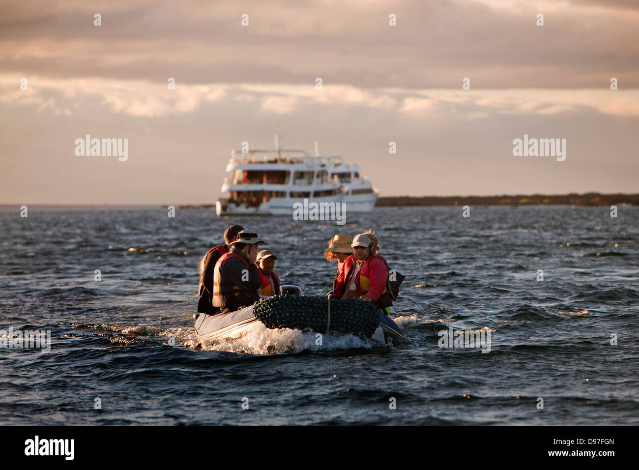 Touristen, die in Richtung Küste auf einem Schlauchboot Grand Odyssey verlassen vertäut vor Fernandina Insel, Galapagos Stockfoto