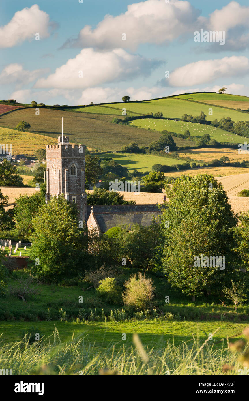 Ländliche Kirche umgeben von sanften Landschaft, Shobrooke, Devon, England. (Juli) im Sommer 2012. Stockfoto