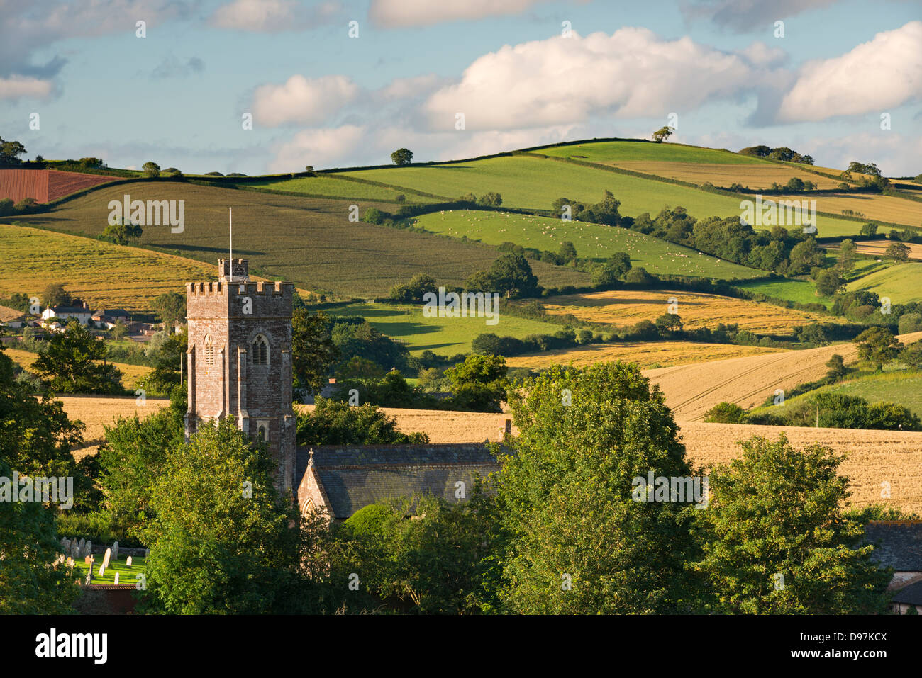 Ländliche Kirche umgeben von sanften Landschaft, Shobrooke, Devon, England. (Juli) im Sommer 2012. Stockfoto