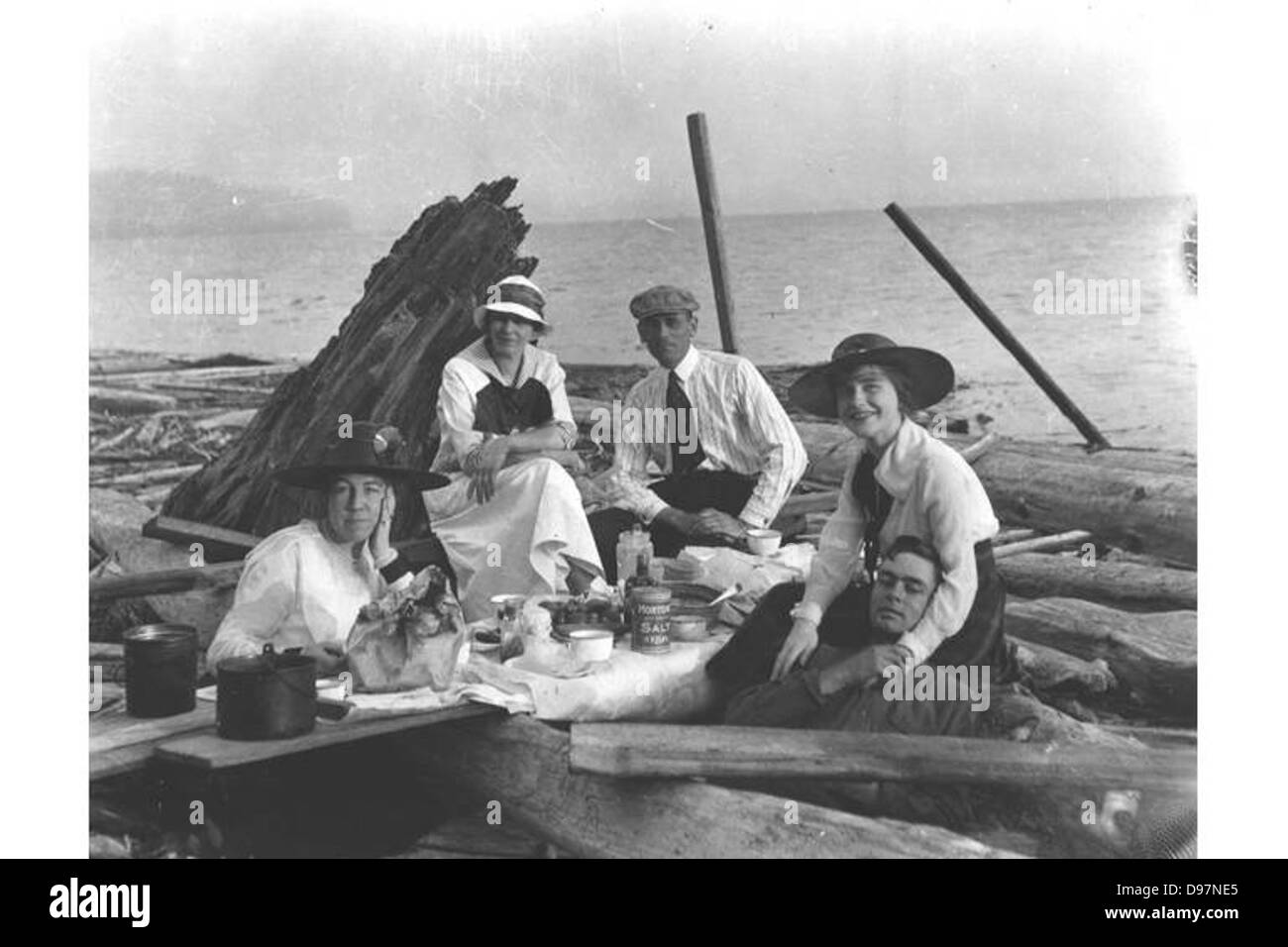 Dieses Bild zeigt ein Picknick-Treffen am Strand unterhalb des Magnolia Bluff in Seattle, Washington. Das Foto zeigt Menschen, die ein geselliges Ereignis in der Elliott Bay genießen, mit Treibholz und malerischer Aussicht auf die Gegend. Stockfoto