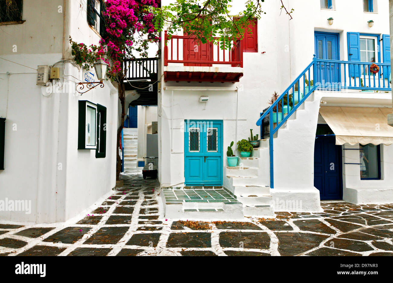 Traditionellen Gassen und Häusern der Insel Mykonos in Griechenland Stockfoto