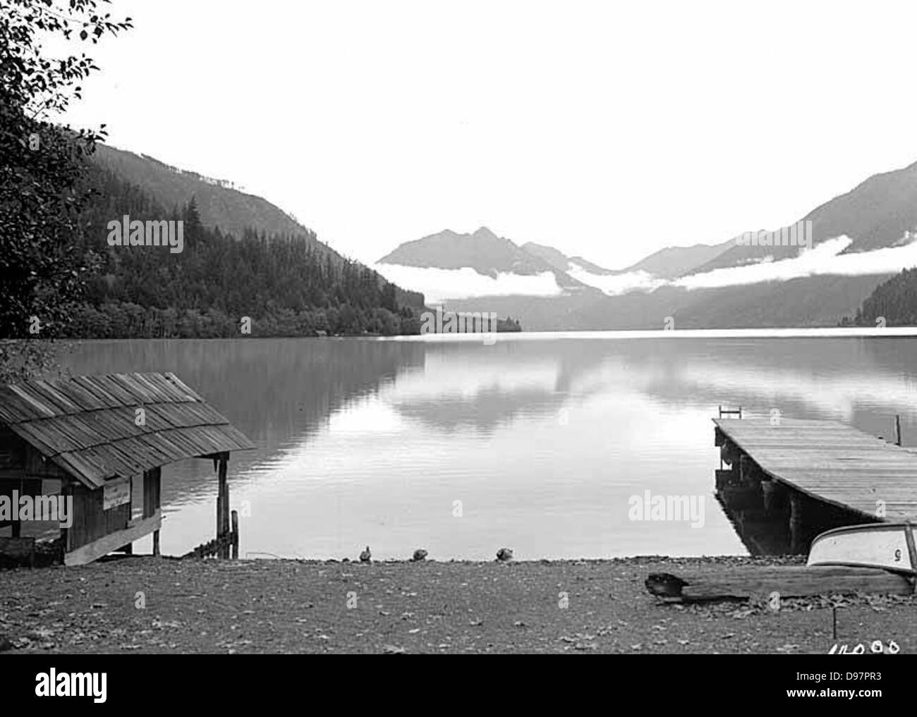 Ein abendlicher Blick auf Lake Crescent in Clallam County, Washington, mit ruhigem Wasser und Nebel. Das Foto fängt die ruhige Schönheit des Sees, der Olympic Mountains und der nahe gelegenen Bootshäuser ein. Stockfoto