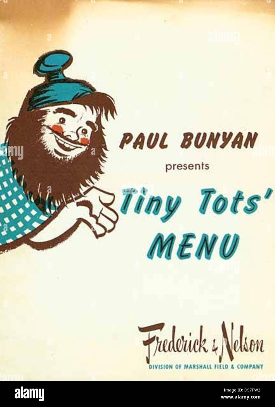 Das Paul Bunyan Tiny Tots Menu von Frederick & Nelson in Seattle bietet ein kinderfreundliches Menü mit Illustrationen von Paul Bunyan, das einen Einblick in die Restaurantkultur des frühen 20. Jahrhunderts bietet. Stockfoto