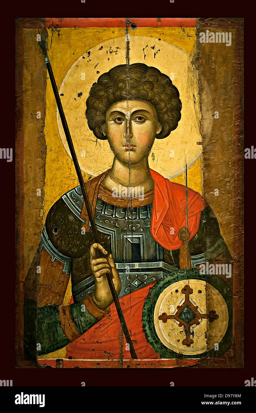 Saint George-authentische orthodoxen byzantinischen Ikone - Constantinople Workshop 14. Jahrhundert im byzantinischen Museum Athen ausgestellt Stockfoto