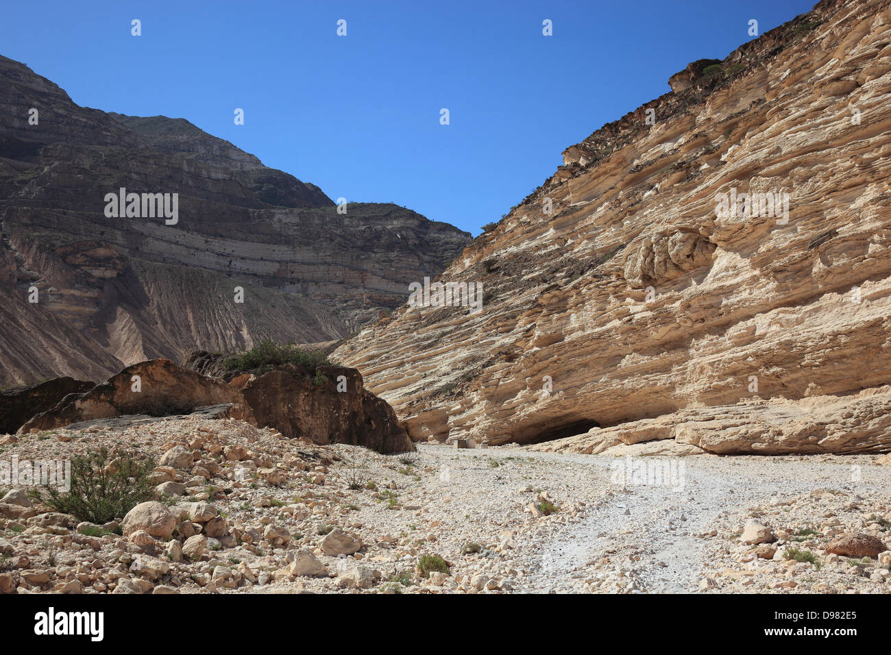 Wadi Afawl, Landschaft der südlichen Dhofar, Jabal al-Qamar, Oman Stockfoto