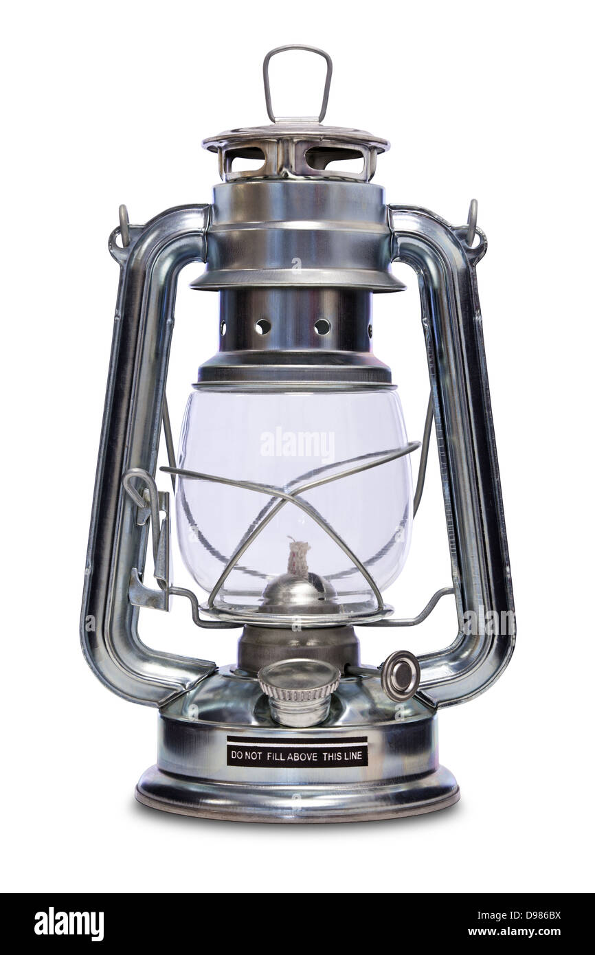 Auch bekannt als ein Kerosin Petroleumlampe, Orkan, Sturm oder Tilley Lampe isoliert auf weißem Hintergrund Stockfoto