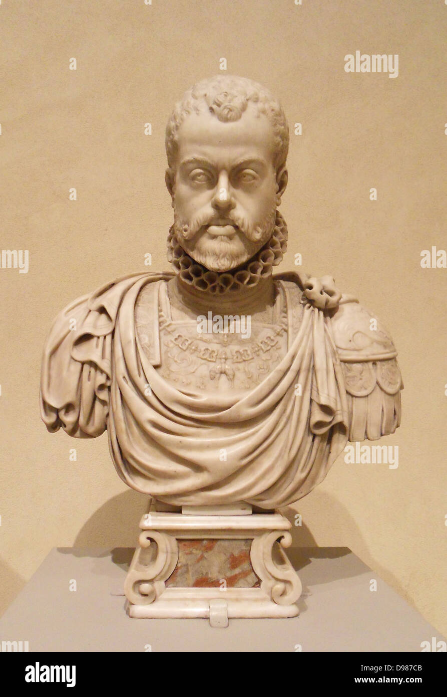 Philipp II. von Spanien regierte als König 1556-98. Marmorbüste von Pompeo Leoni (ca. 1533-1608) aus dem 16. Jahrhundert Stockfoto