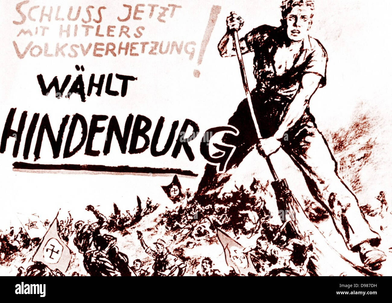 Paul von Hindenburg, deutscher Bundeskanzler, 1932 im Alter von 84 lief für Wiederwahl als einzigen Kandidaten, der Hitler besiegen konnte, die er in einer Stichwahl im April. "Stimmen Hindenburg" Wahl Literatur zeigt einen von Hindenburgs Unterstützer Hitlers Nazi-Anhänger hinwegzufegen. Stockfoto